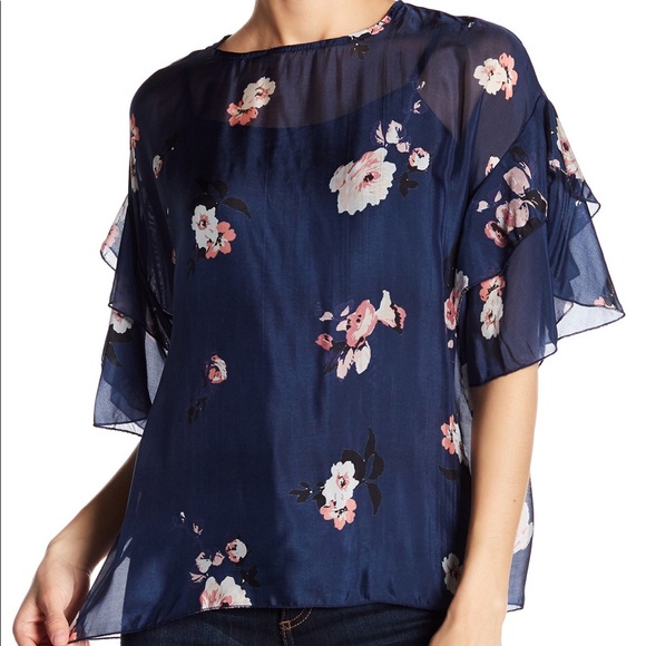 lola Tops - Lola Blue Silk Floral Ruffle Sleeve Tiered Blouse